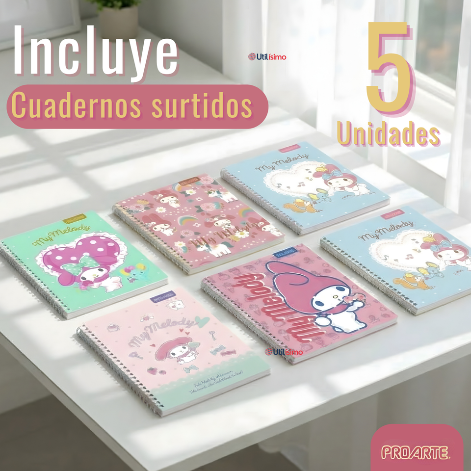 Pack 5 Cuadernos Universitarios My Melody 100 Hojas Proarte Diseño Surtido