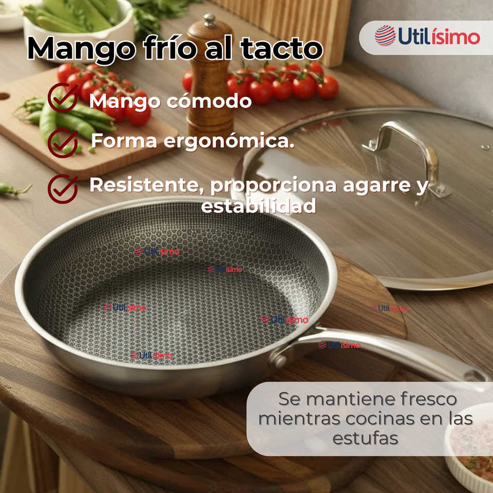 Sartén Acero Inoxidable Antiadherente 28cm +Cuchara de Madera de Bambú