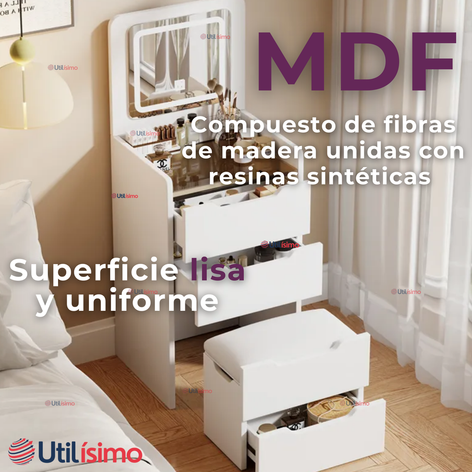 Tocador De Lujo Plegable Con Taburete Y Espejo De luz Ajustable 4 Cajones MDF Blanco  80x40x40cm