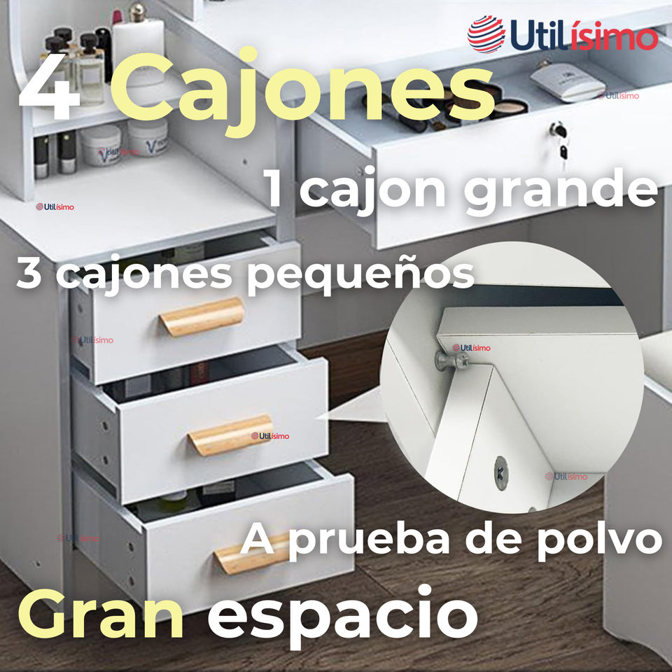 Tocador Y Taburete De Lujo Espejo Ajustable Con Luz Integrada 4 Cajones MDF Blanco 80x40x135cm