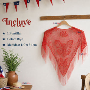 Puntilla Chal Rojo Baile Chilote Mujer Traje Típico 110x51 cm