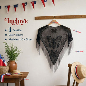 Puntilla Chal Negro Baile Chilote Mujer Traje Típico 110x51 cm