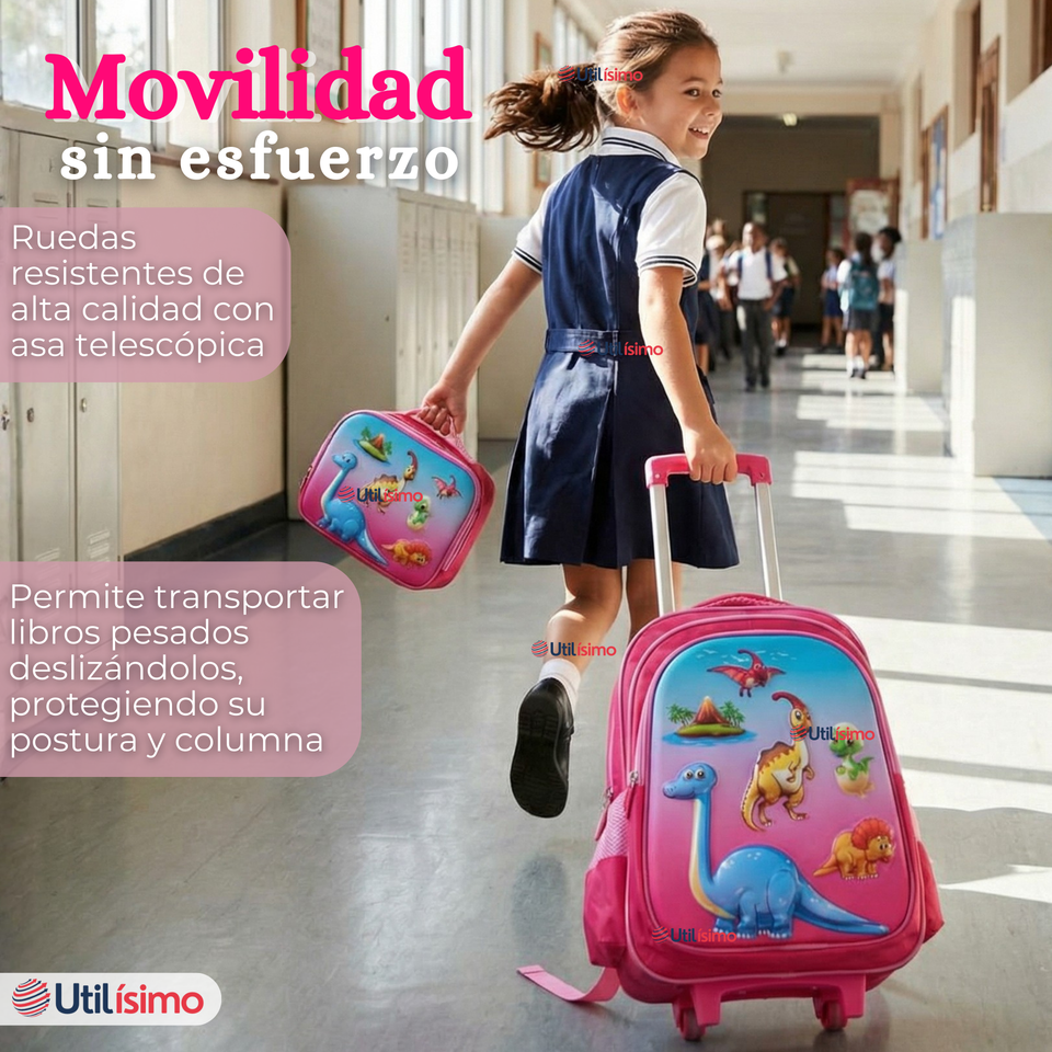 Mochila Escolar Con Ruedas + Estuche + Lonchera 46cm Desmontable Poliéster Rosa Dinosaurio Niña