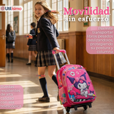 Mochila Escolar Kuromi 3D Con Ruedas Desmontable + Estuche + Lonchera Poliéster Rosa Niña