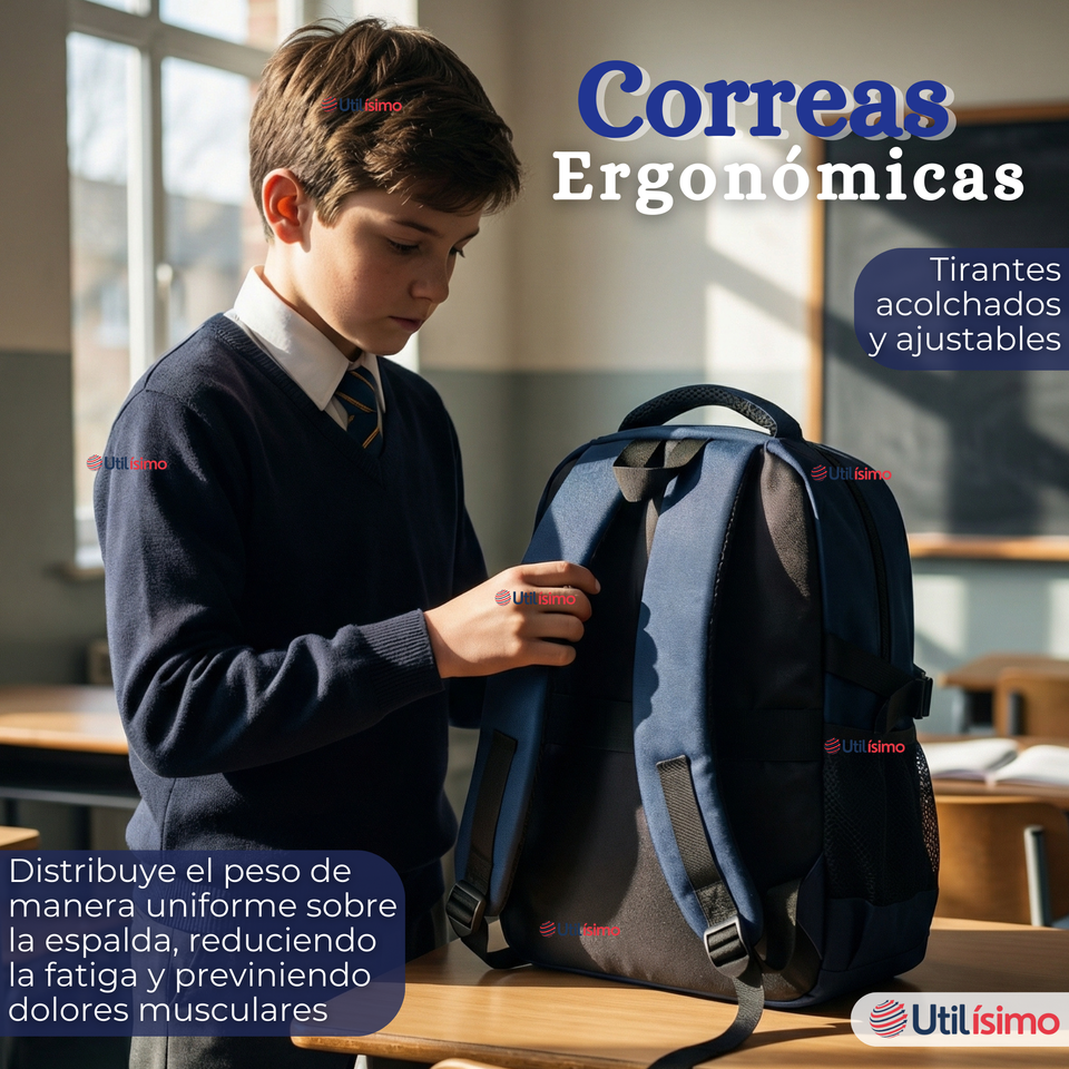 Mochila Escolar Azul Broches Impermeable Poliéster 48cm Niño