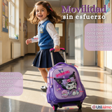 Mochila Escolar Kuromi 3D Con Ruedas Desmontable + Estuche + Lonchera Poliéster Morado Niña