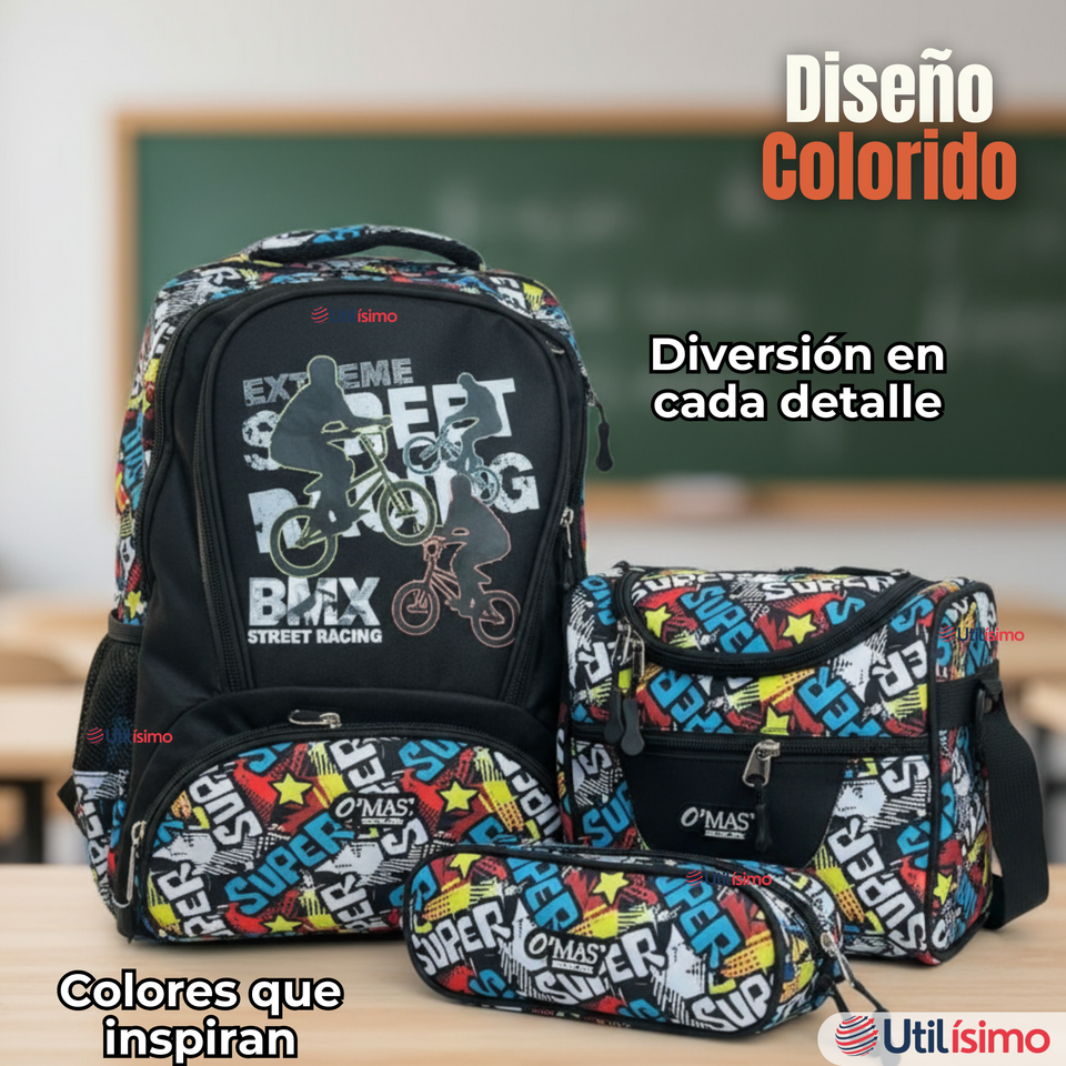 Mochila Escolar Kit Con Estuche y Lonchera 43cm Tela Oxford Niño
