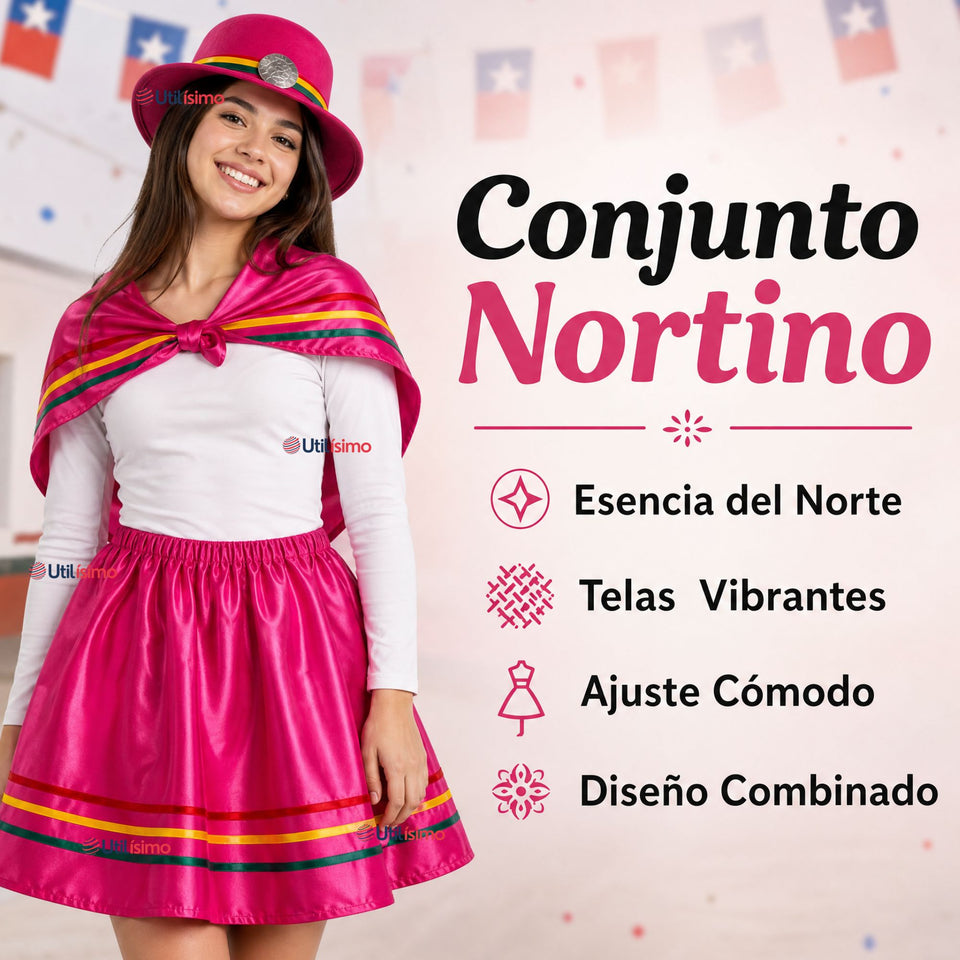 Pack 3 Trajes Nortinos Juveniles Con Poleras 4 Piezas Fucsia Baile Típico Fiestas Patrias