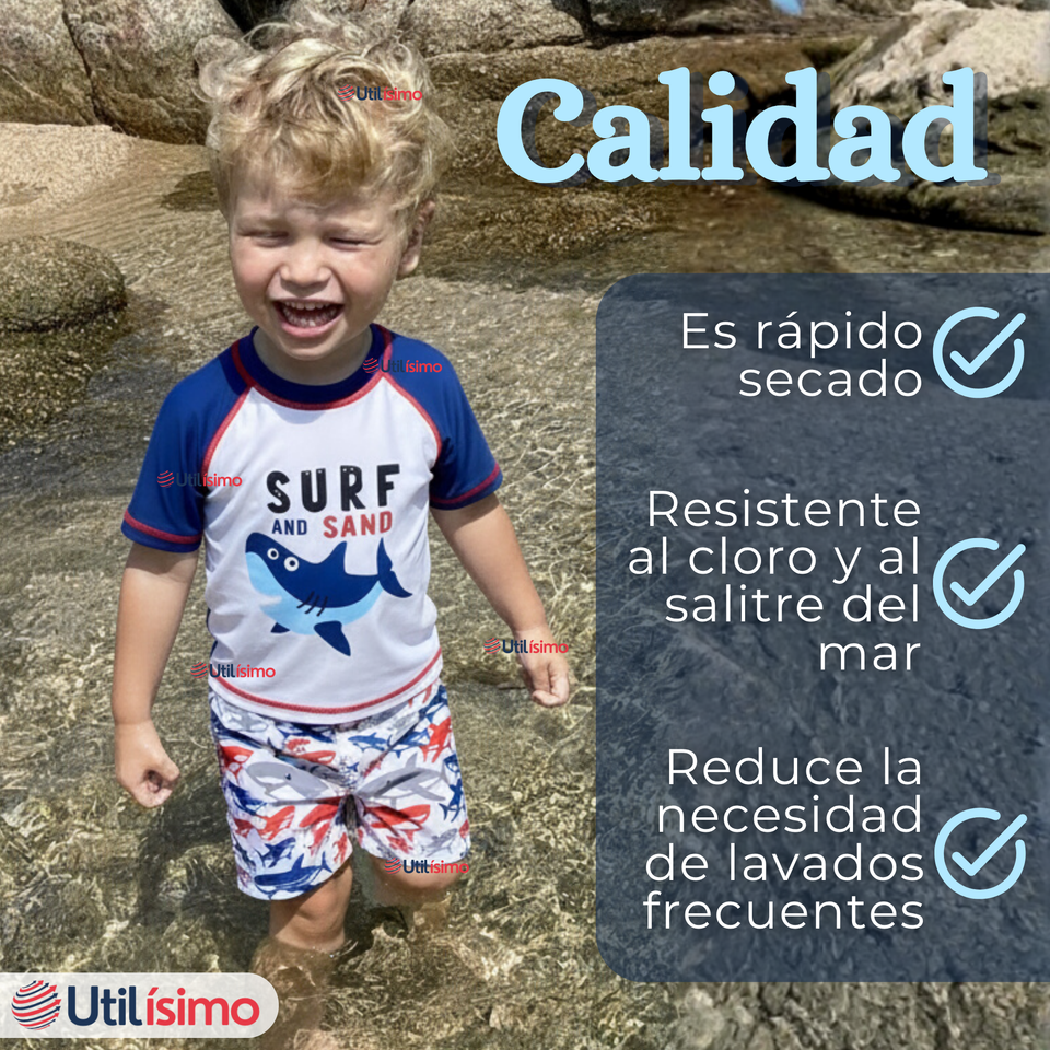 Traje de Baño Manga Corta Pantalón Corto 2 Piezas Corte Split Niño 2 a 4 años Blue Azul