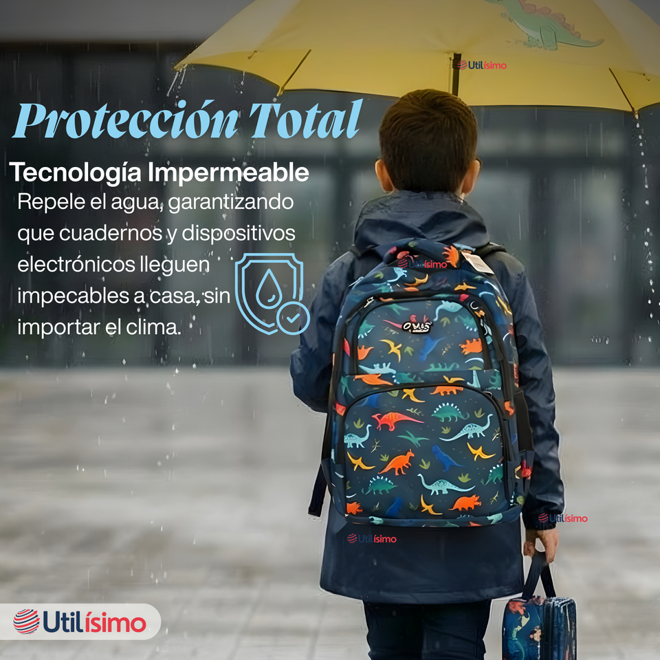 Mochila Bolso Escolar + Lonchera + Estuche 45Cm Niño Tela Oxford Dinosaur