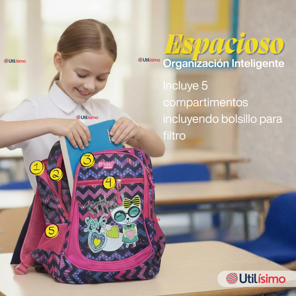 Mochila Escolar Bolso Con Estuche + Lonchera 45Cm Tela Oxford Niña Kitty Love