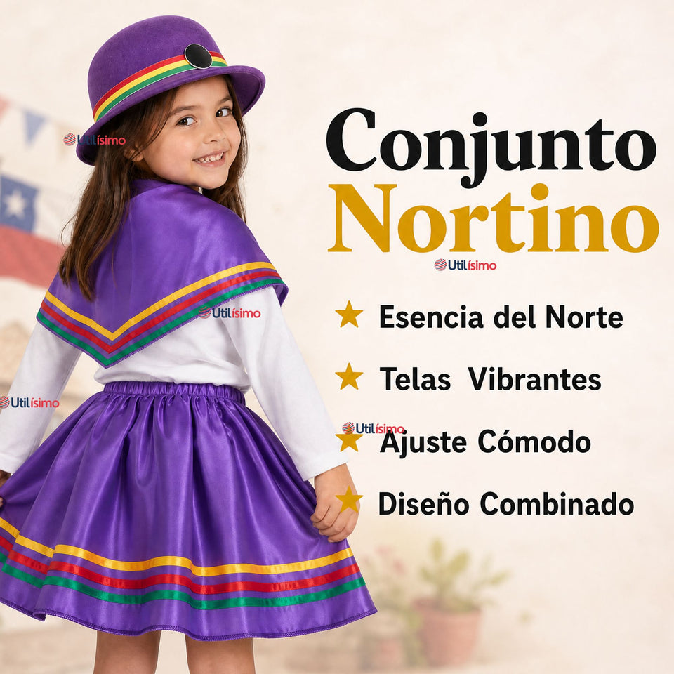 Traje Nortino Niña Morado 4 Piezas Con Polera Baile Típico Fiestas Patrias