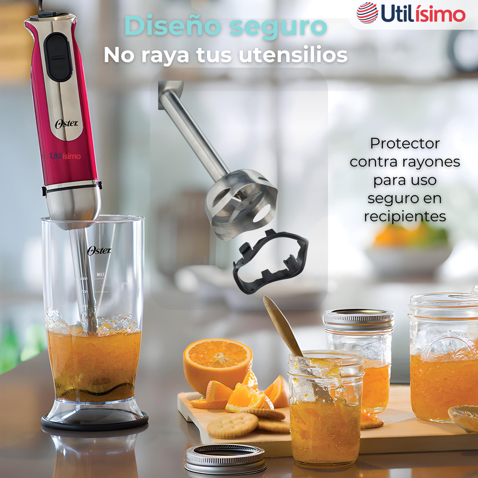 Batidora de inmersión Oster® roja con organizador y accesorios