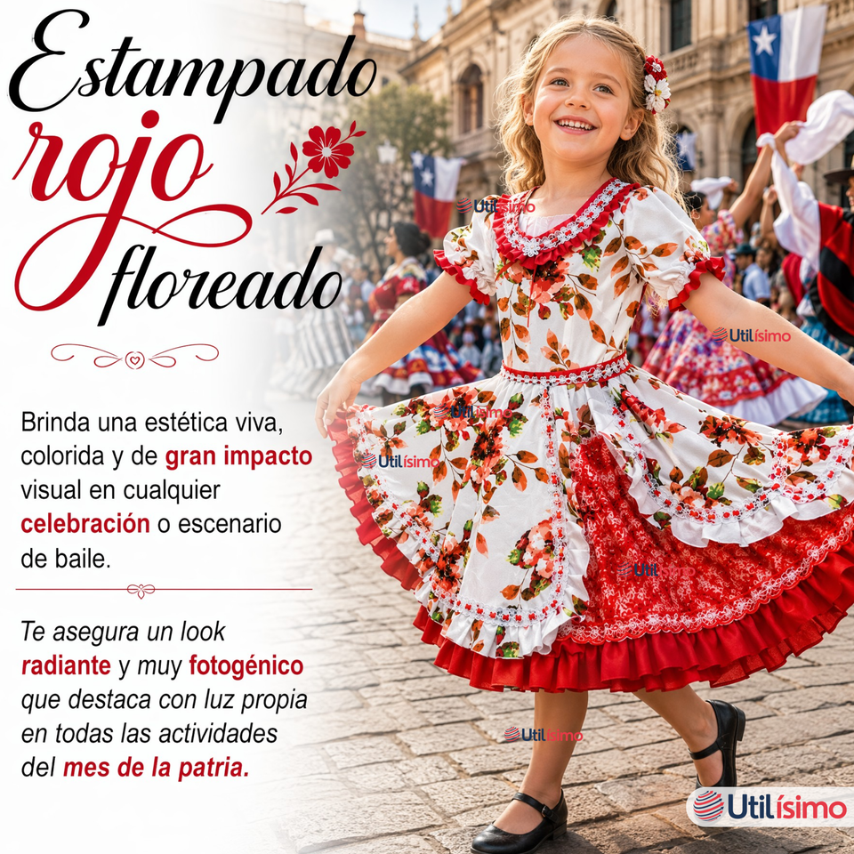 Vestido Chinita Huasa Niña Rojo Floreado Cueca Fiestas Patrias