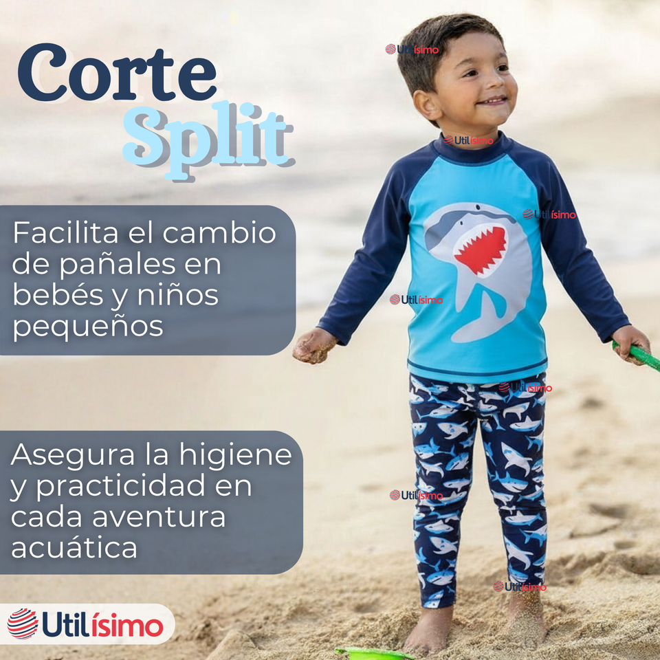 Traje de Baño Manga Larga Pantalón Largo 2 Piezas Corte Split Niño 3 a 11 años Blue Shark