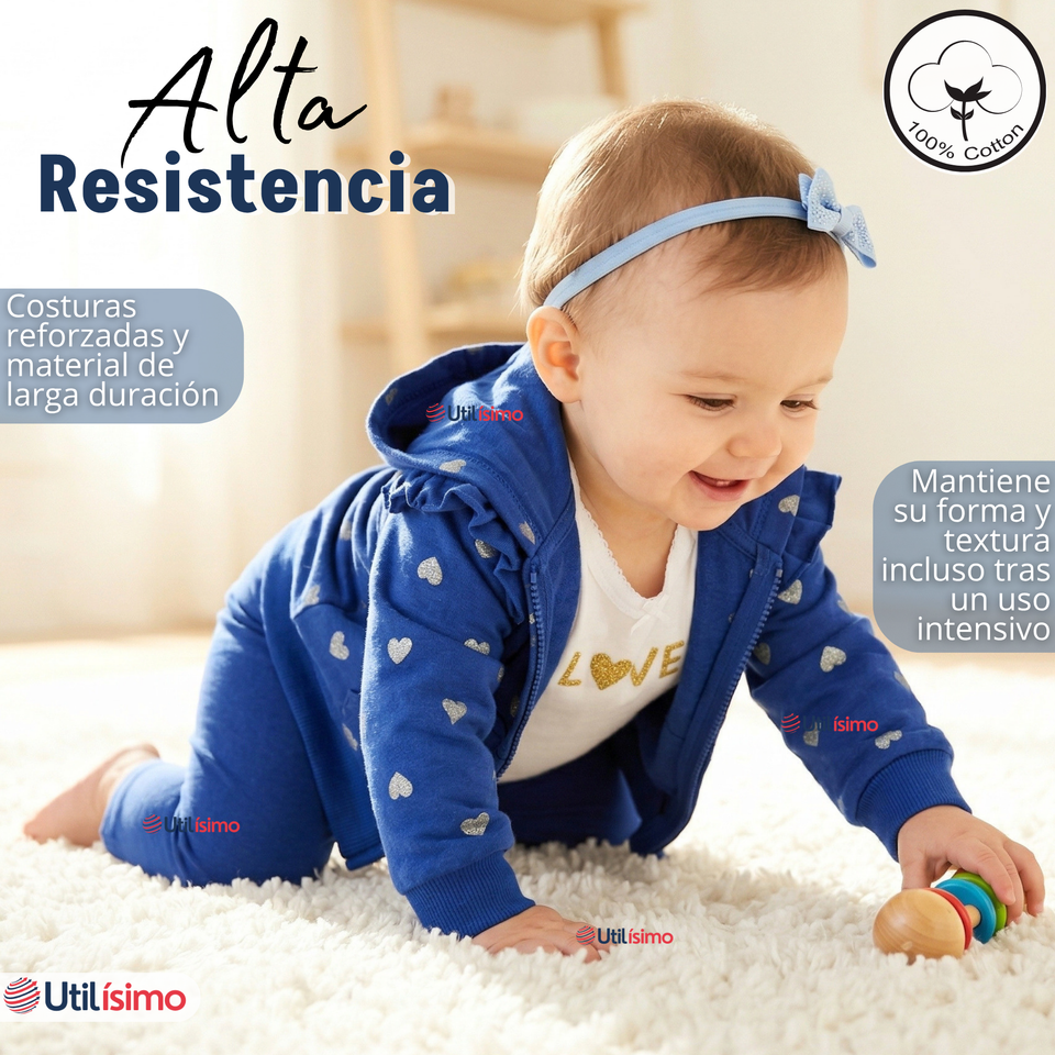 Conjunto 3 Piezas Buzo Pantalón Polerón Body De Algodón Azul Corazones Bebé Niña