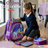 Mochila Escolar Con Ruedas + Estuche + Lonchera 46cm Desmontable Poliéster Morado Unicornio Niña