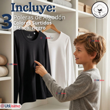Pack 3 Camisetas Poleras Algodón Primera Capa Manga Larga Blanco Negro Niño