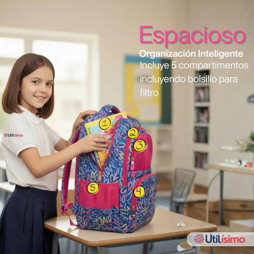 Mochila Bolso Escolar + Estuche + Lonchera 43Cm Niña Tela Oxford Love Graffiti