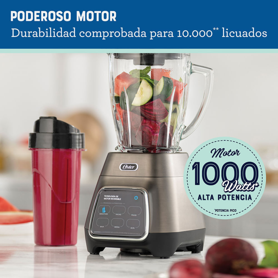 Licuadora Oster® programas automáticos con tecnología reversible, pantalla táctil y vaso BLend-N-Go BLSTPYG1312XBG