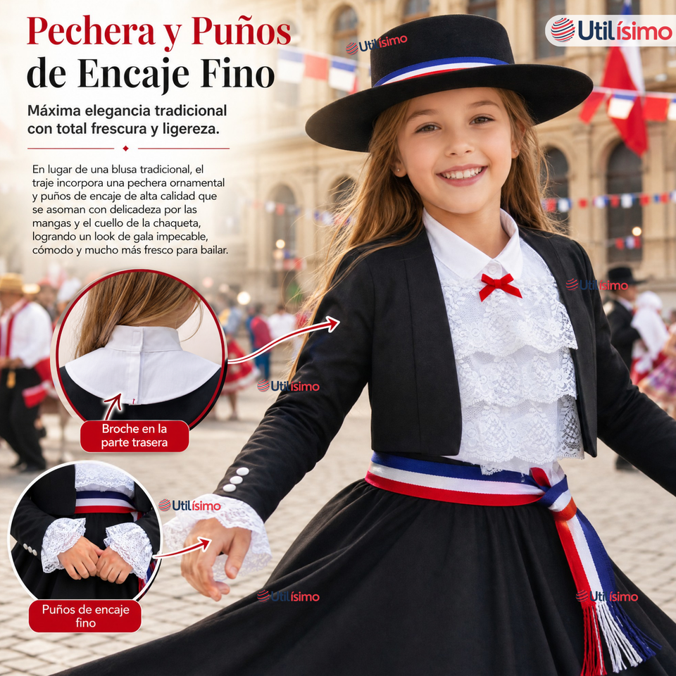 Traje Huasa Elegante NIña Conjunto 7 Piezas Tipico Fiestas Patrias