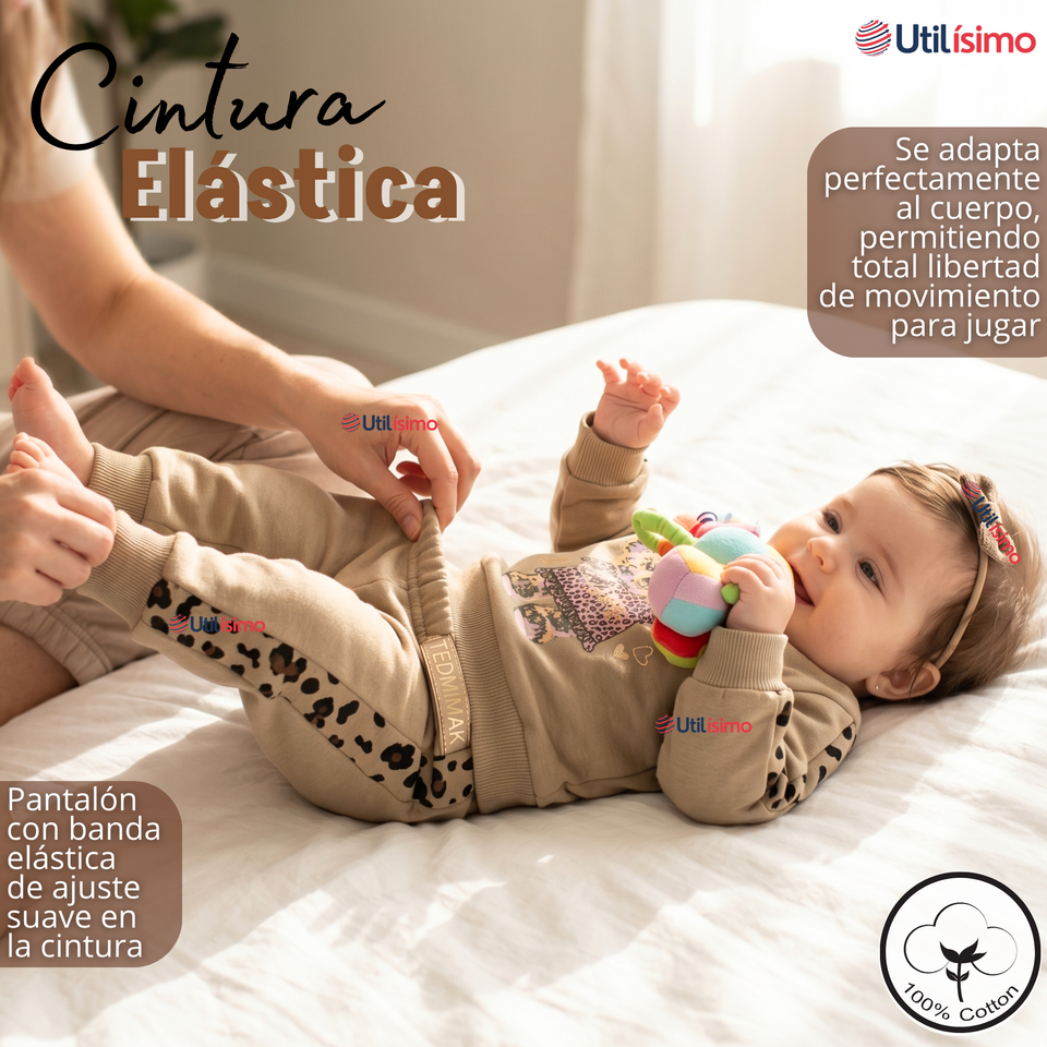 Conjunto 3 Piezas Buzo Pantalón Polerón Body De Algodón Beige Bebé Niña