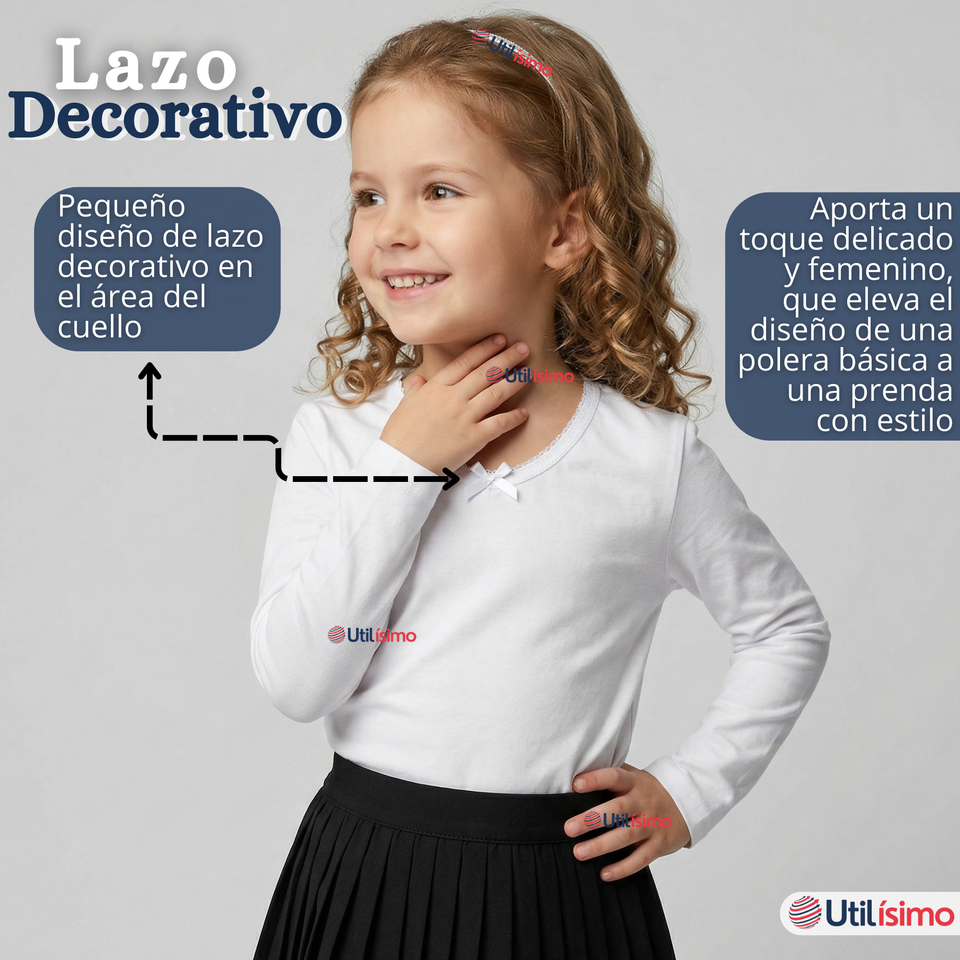 Pack 3 Camisetas Poleras Algodón Cuello Redondo Blanca Primera Capa Manga Larga Niña