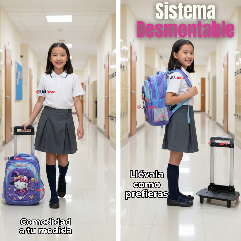 Mochila Hello Kitty Escolar Con Ruedas + Estuche + Lonchera Desmontable Poliéster Lila Niña
