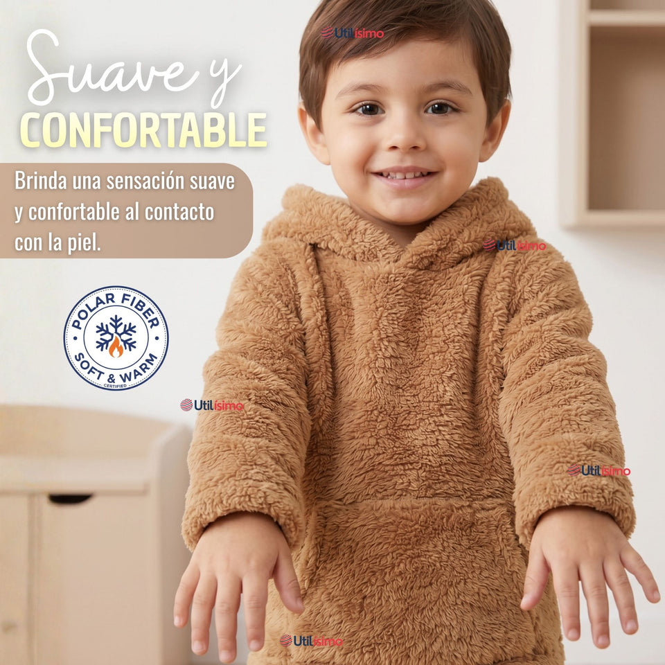 Buzo Polerón Conjunto Polar Niño Con Capucha Unicolor Café