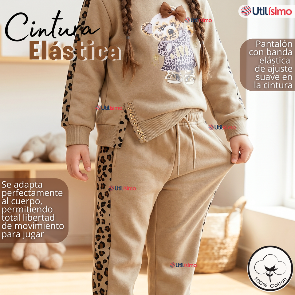 Conjunto 2 Piezas Buzo Pantalón Y Polerón Beige Osito Niña