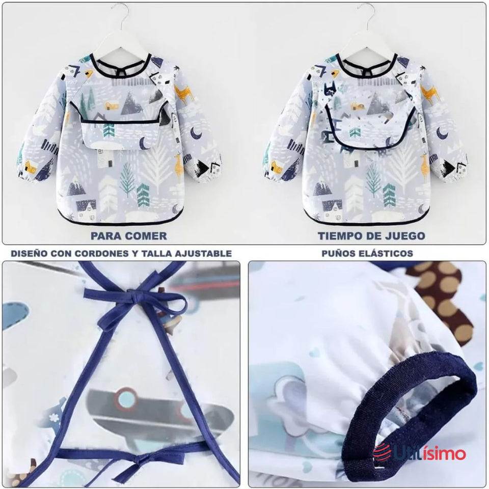 Pack 6 Babero Delantal Impermeable Premium Con Mangas Larga Para Bebe Y Niño