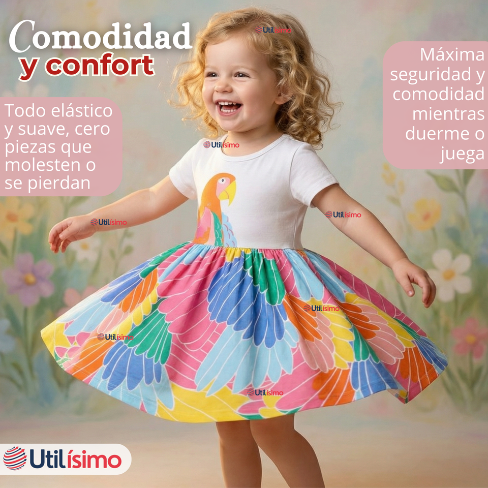 Vestido Manga Corta Casual Loro Multicolor Verano Niña 2 a 7 años