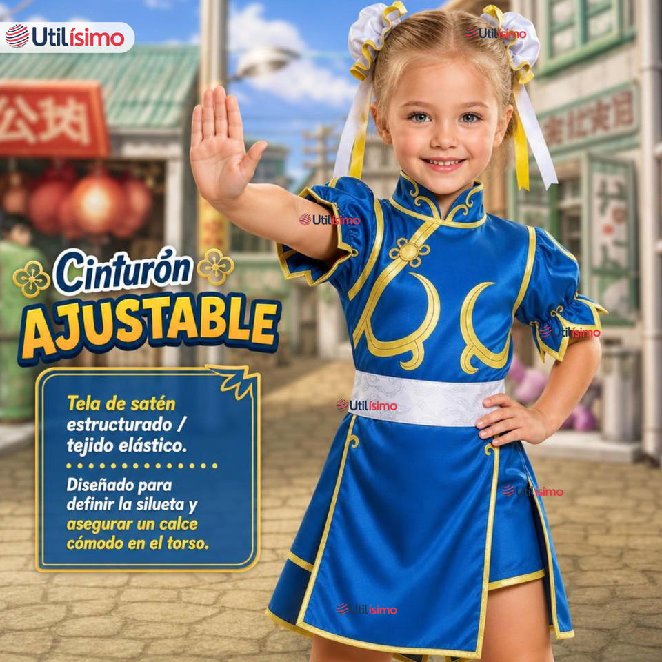 Disfraz Chun-Li Azul Completo Street Fighter Cosplay NIña