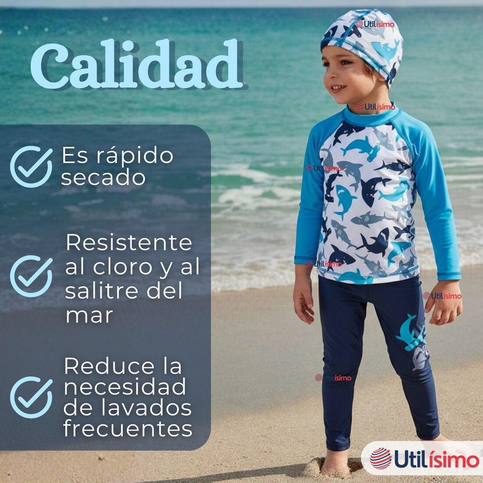 Traje de Baño Con Gorro Pantalón Largo 3 Piezas Corte Split Manga Larga Niño 3 a 11 años White Shark