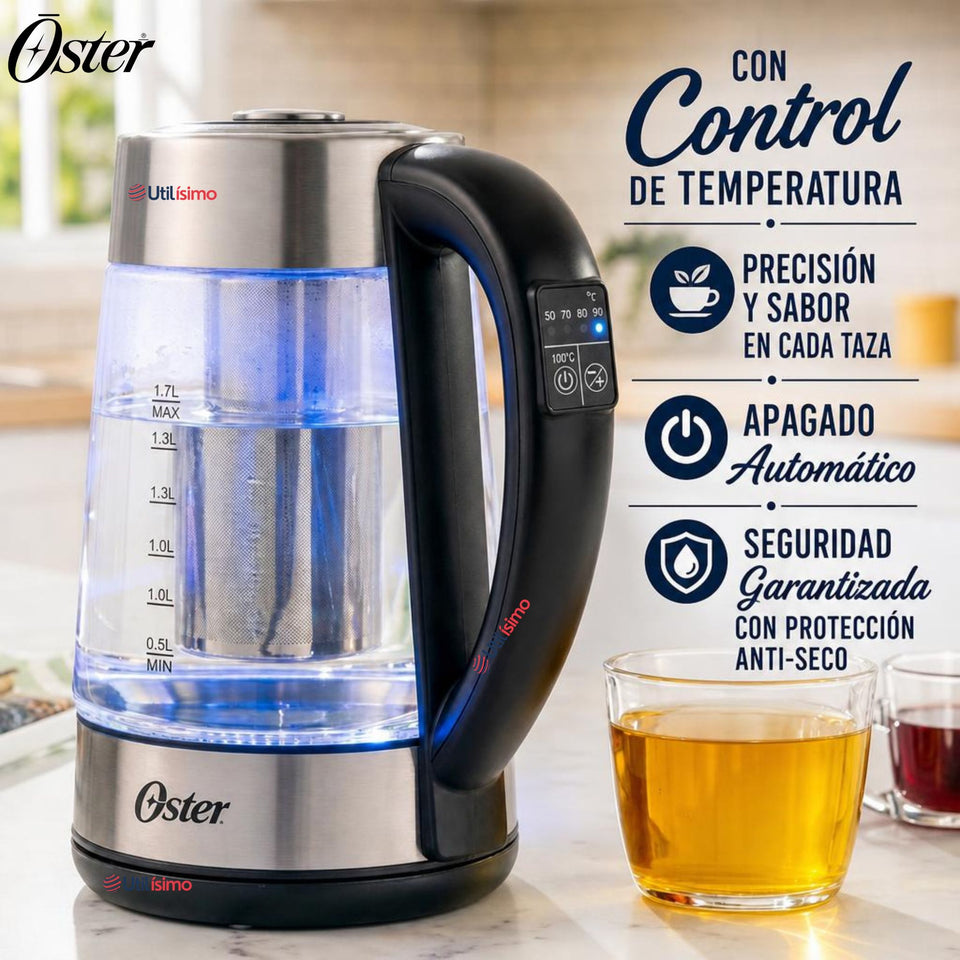 Hervidor eléctrico de vidrio Oster con Selector de temperatura e infusor de té BVSTKT8990