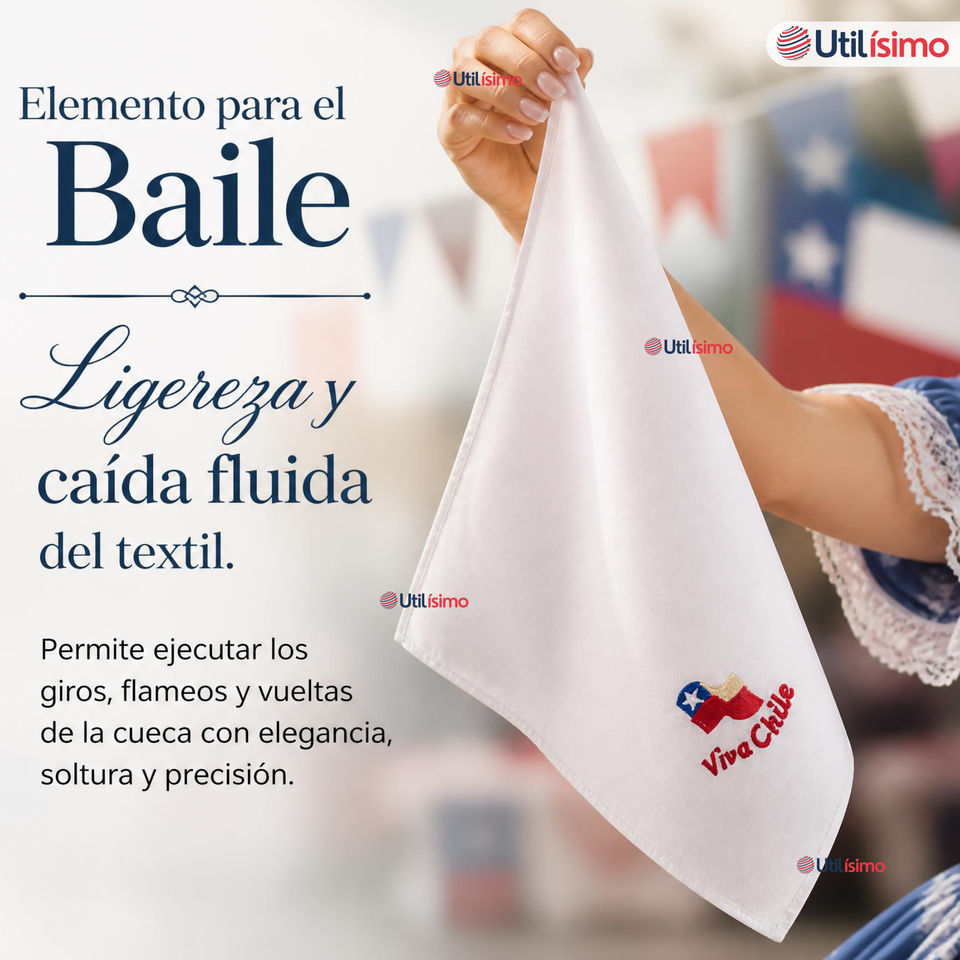 Pañuelo Baile Cueca 36cm Bordado Bandera de Chile Algodón Fiestas Patrias