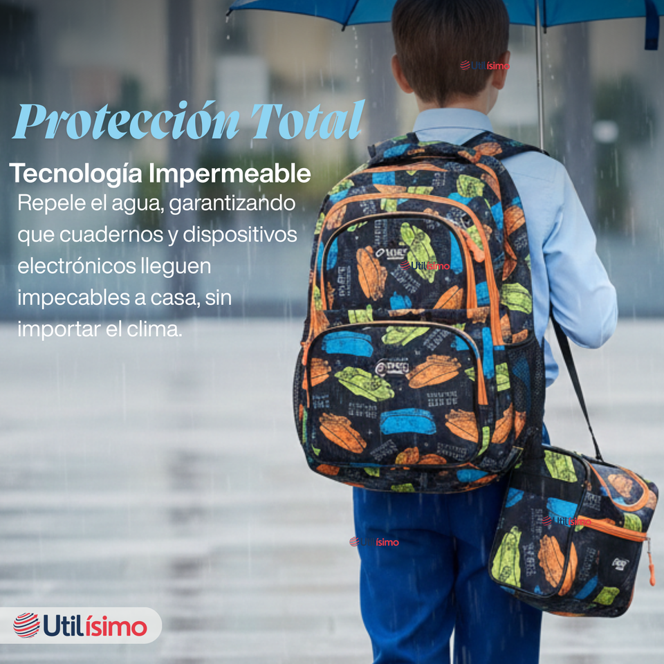 Mochila Bolso Escolar + Lonchera + Estuche 45Cm Niño Tela Oxford Skate