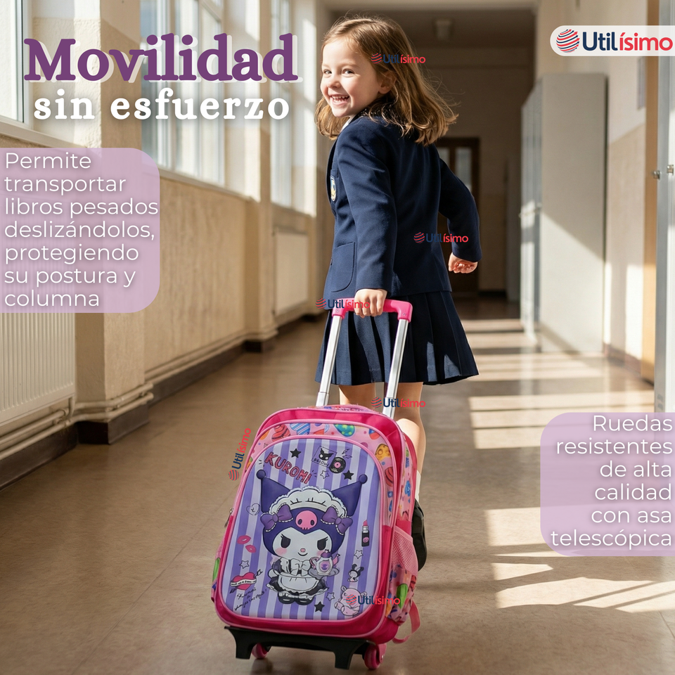 Mochila Escolar Kuromi 3D Con Ruedas Desmontable + Estuche + Lonchera Poliéster Morado Niña