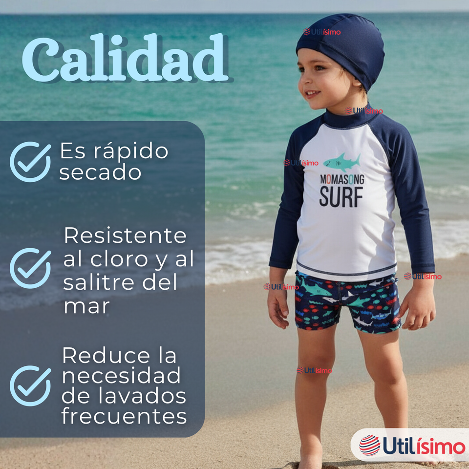 Traje de Baño Con Gorro Pantalón Corto Manga Larga 3 Piezas Corte Split Niño 3 a 9 años Blue Surf