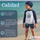 Traje de Baño Con Gorro Pantalón Corto Manga Larga 3 Piezas Corte Split Niño 3 a 9 años Blue Surf