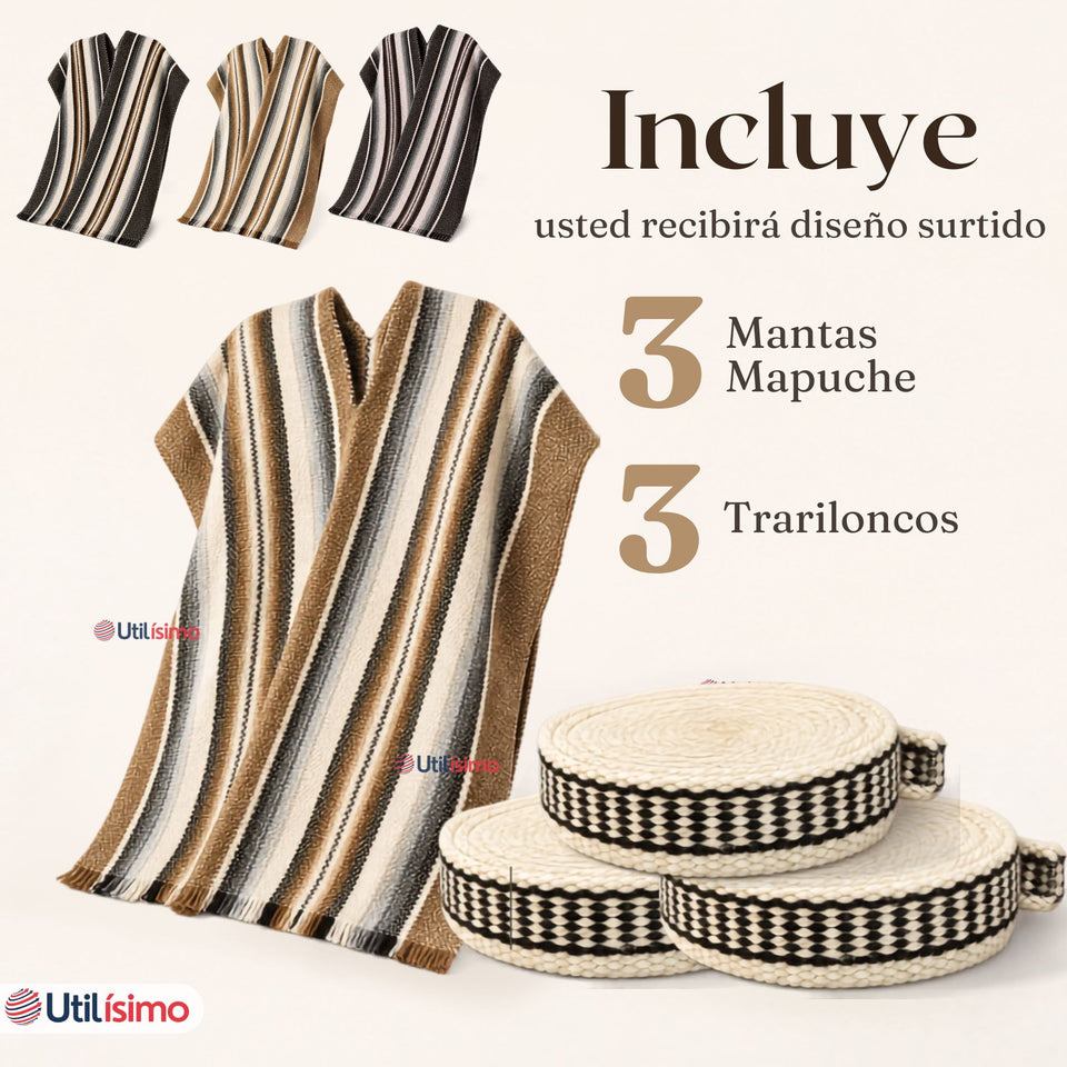 Pack 3 Ponchos Mantas Mapuche Con Trarilonco Juvenil Fiestas Patrias