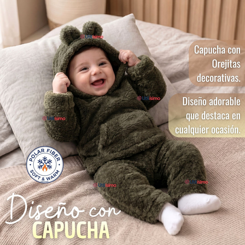 Buzo Polerón Conjunto Polar Niño Con Capucha Unicolor Verde Oscuro