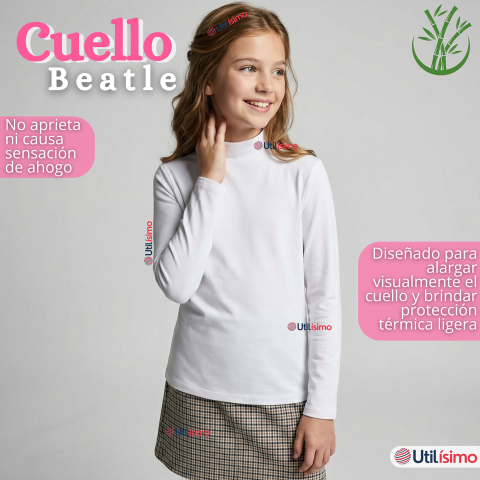 Pack 3 Poleras Camisetas Bambú Blancas Cuello Beatle Primera Capa Manga Larga Niña