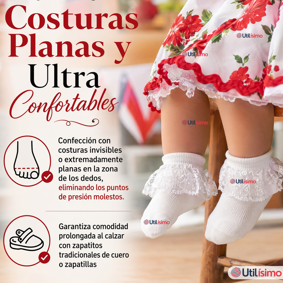 1 Par Calcetines Encaje Vuelos Bebé Algodón Fiestas Patrias Infantil