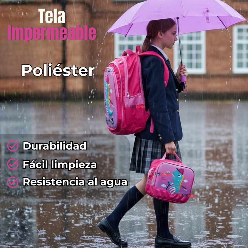 Mochila Escolar Con Ruedas + Estuche + Lonchera Poliéster Niña