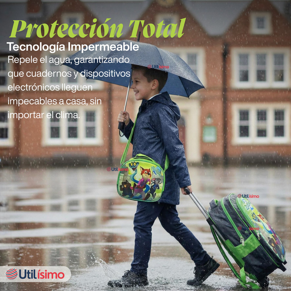 Mochila Escolar Zootopia Con Ruedas Desmontables + Estuche + Lonchera Niño Poliéster