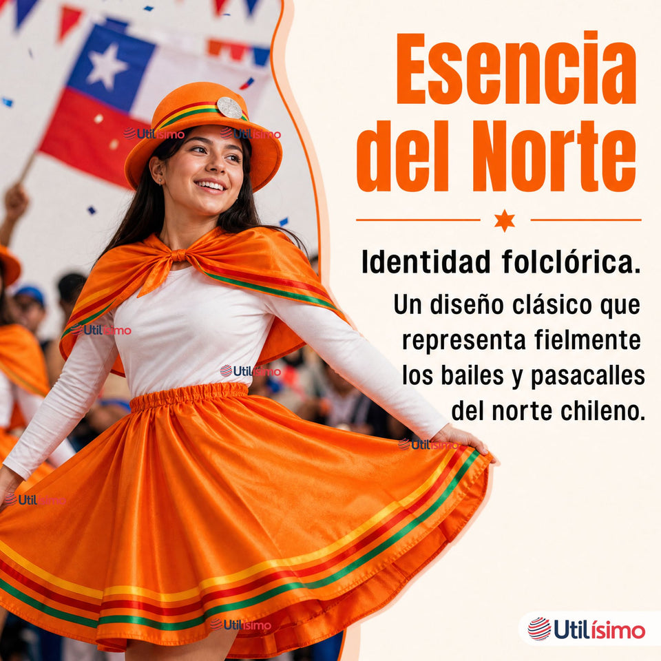 Traje Nortino Juvenil Con Polera 4 Piezas Naranja Baile Típico Fiestas Patrias