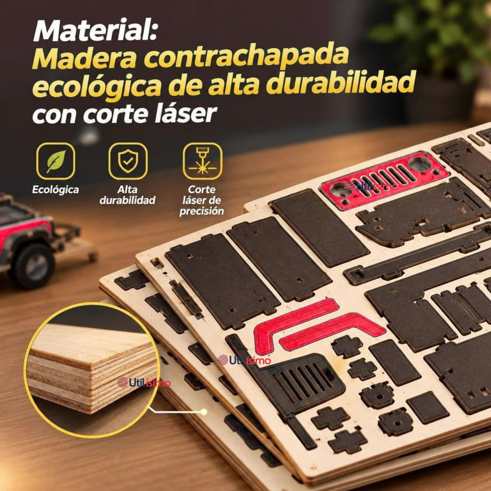 Puzzle 3D Jeep 4x4 Rojo de Madera 132 Piezas Juguete Armable