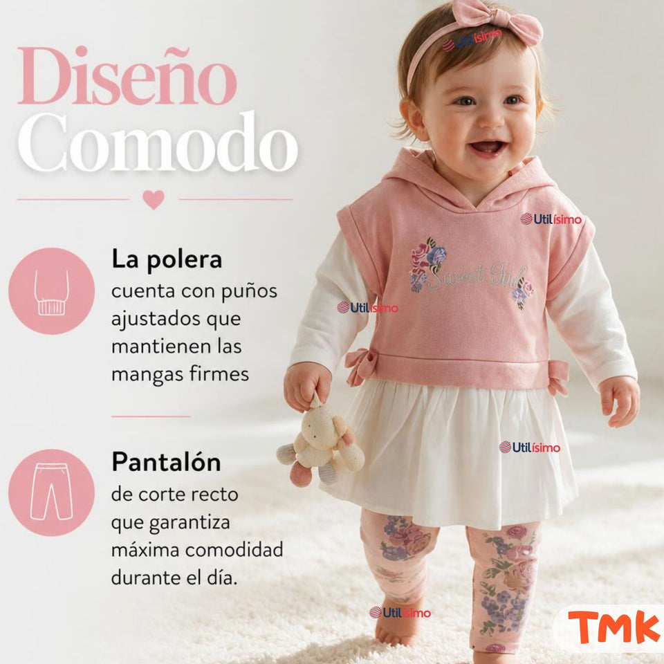 Conjunto 2 Piezas Polerón con Capucha y Pantalón 100% Algodón Bebé Niña Tedmimak Sweet flowers