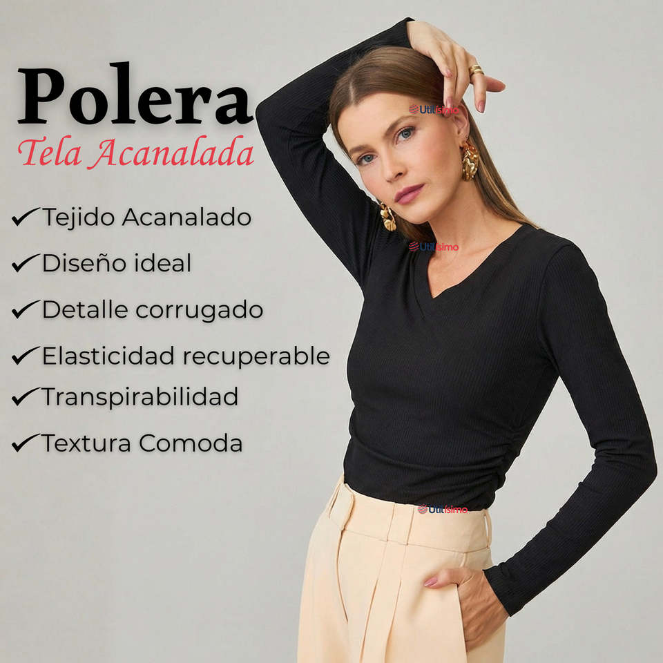 Pack 3 Camisetas Polar Polera Cuello V Mujer Manga Larga Tela Acanalada Colores Surtidos